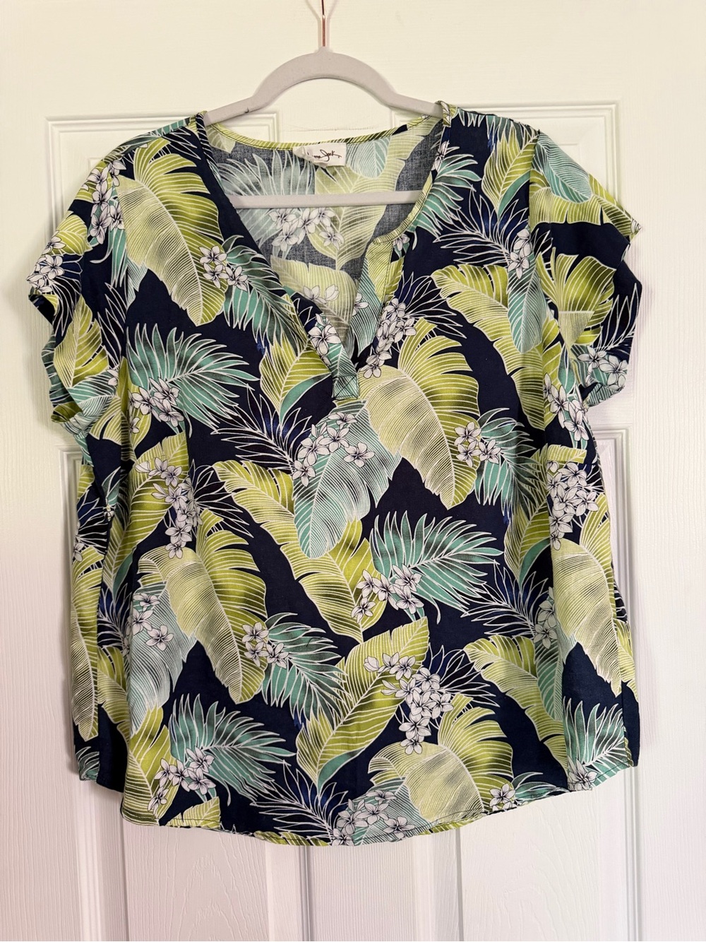 Panama Jack Tropical Leaf V-Neck Blouse in Navy, Lime & Mint